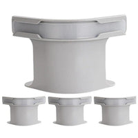 Gray plastic guttering system components on a white background